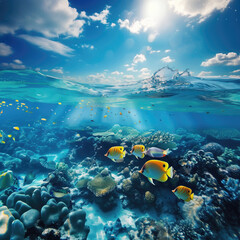 Split Underwater - Overwater Tropical Sea with Coral Reef and Exotic Fish