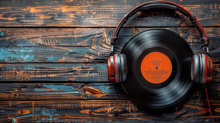 Vinyl record and headphones on textured wooden surface