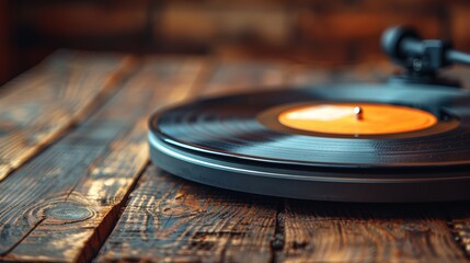 Spinning vinyl record on turntable with wooden rustic background