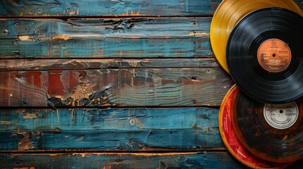Vinyl record atop a stack of vintage books on a painted wooden table