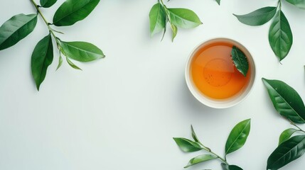 Top view shot of a hot cup of tea with green leaf decoration on white background - obrazy, fototapety, plakaty