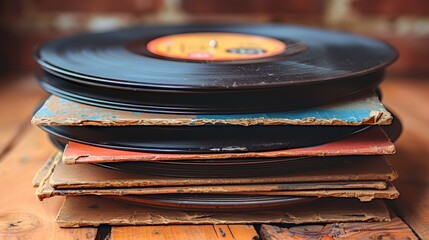 Stack of vinyl records with worn album covers