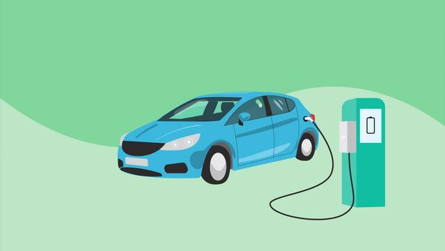 Electric car and charging station in the green background. Modern flat design. Ecological power animated concept