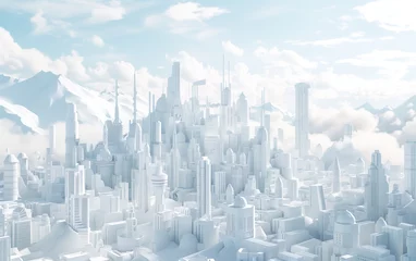 Foto op Canvas futuristic white city with simple buildings and plants, skyscrapers, clouds, mountains, space port, blue sky, minimalistic style, monochromatic palette © FreyStudios