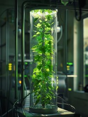 A plant growing in a glass tube in a laboratory