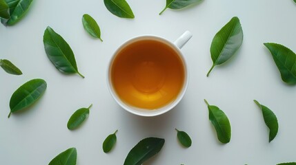 Top view shot of a hot cup of tea with green leaf decoration on white background - obrazy, fototapety, plakaty
