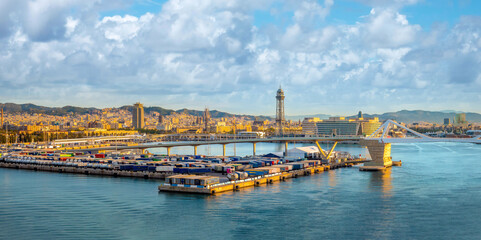 Sunrise over the harbor of Barcelona, right in the city center sea front, Catalonia, Spain