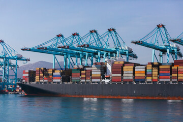 General view of indrustrial cargo freighter ship in the port of Algeciras