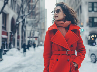 Stylish lady in a bold red outfit elegantly strolling through a chilly city street during winter.