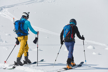 Alpine Ascent: Two Professional Skiers Conquer Snowy Peaks as a Determined Team.