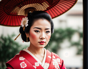 The woman in the image is wearing a traditional Japanese kimono and holding an umbrella.
