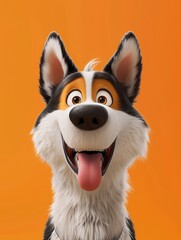 3D Illustration of a happy husky dog on an orange background