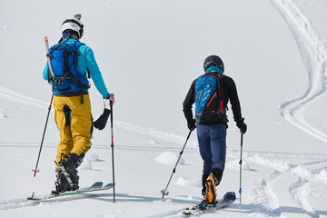 Alpine Ascent: Two Professional Skiers Conquer Snowy Peaks as a Determined Team.