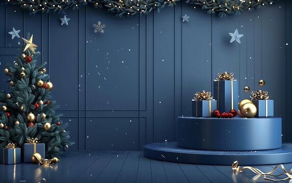 Blue Christmas podium with pedestal scene for product display.  Elegant platform for promotional xmas marketing. generative ai