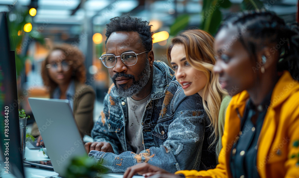 Poster diverse team collaboration: developer presents code to ceo and assistant in modern office