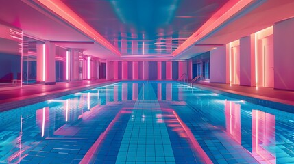 Large swimming pool illuminated by blue and pink lights