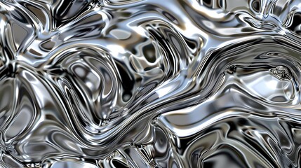 Liquid metal abstract background with smooth and flowing waves. Chrome contrasting silver colors.