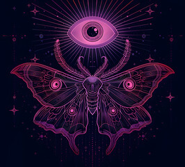 Moth and eye celestial illustration. Neon pink mystical line art on a black background.