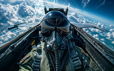 Fighter pilot in cockpit above the clouds