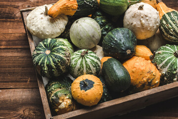 Colorful pumpkins in the box on wooden background. Autumn Thanksgiving vegetables harvest. - 783085457