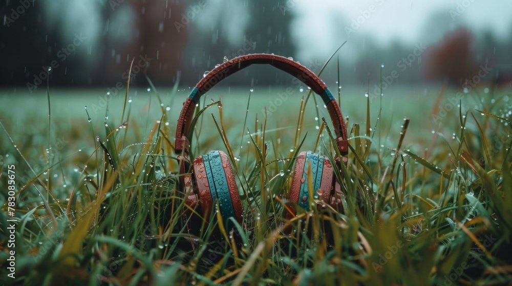 Wall mural A pair of headphones sitting in a field with rain falling, AI