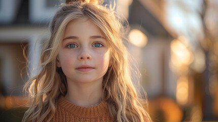Obraz premium Close-up portrait of a young girl with mesmerizing blue eyes and a golden sweater. 