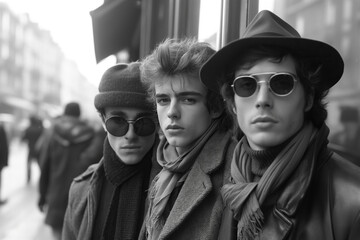Obraz premium portrait of three fashion young man on street in city in retro style of 1980s. Vintage black and white film scan photo