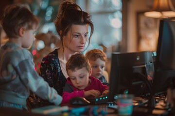 Resilient Mother Balances Motherhood and Career from Her Cozy Home Office,Surrounded by Her Loving Children