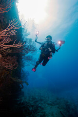An underwater photographer exploring the WWII wreck of the Benwood off Key Largo in the Florida Keys