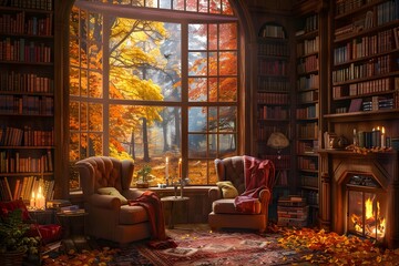A cozy reading nook with a large window. Overlooking a beautiful nature scene, filled with plush armchairs - obrazy, fototapety, plakaty