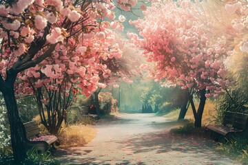 Garden with pink flowers. The spring vibe of flowering and new birth.