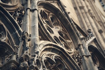 Stunning carved Gothic details and stonework on ornate cathedral exterior. The ancient architecture of the building in the Gothic style.