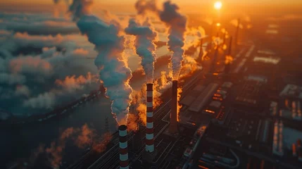 Fotobehang Concept of carbon emissions, represented by smoke billowing from factory chimneys © nataliya_ua