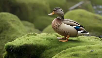 A-Duck-Perched-On-A-Moss-Covered-Rock- 3
