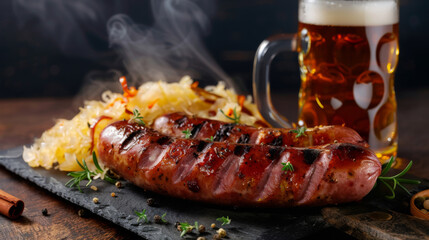 Hot Bratwurst with sauerkraut and mug of cold beer, on slate plate, isolated on dark background. Traditional Bavarian, German meal.
