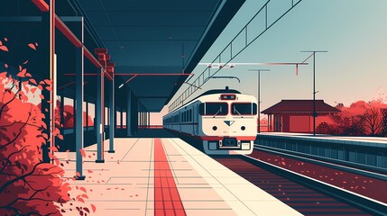 Red and white minimalist train platform illustration poster background