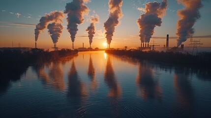 Concept of carbon emissions, represented by smoke billowing from factory chimneys - obrazy, fototapety, plakaty