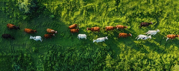 From an aerial perspective, the beauty of rural life is evident as a herd of cows with various coat patterns grazes on a vibrant green pasture.