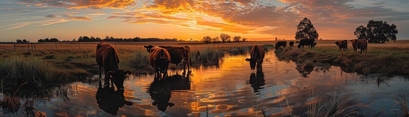 Beside a reflective pond at sunset, a serene panorama captures cattle peacefully grazing, with the sky ablaze in vibrant colors.