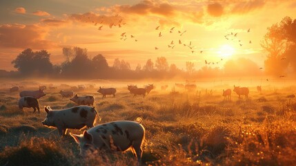 A serene scene with pigs grazing in a dewy field at sunrise, with a flock of birds taking flight in the warm golden light.
