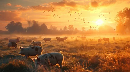 Fotobehang A serene scene with pigs grazing in a dewy field at sunrise, with a flock of birds taking flight in the warm golden light. © HappyFarmDesign