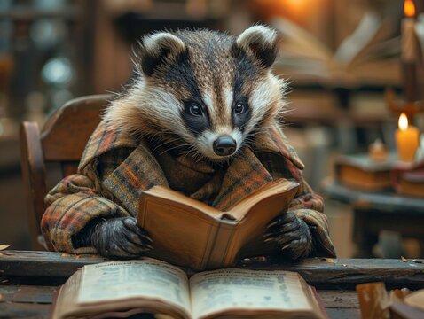A badger in a detective coat, solving clues at a mystery birthday party in the style of stock photo image