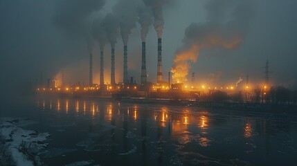 Concept of carbon emissions, represented by smoke billowing from factory chimneys - 783087035