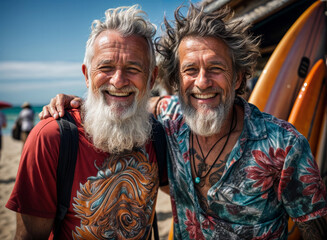 Cheerful senior surfer friends at the beach