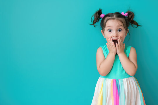 A cute little girl wearing colorful is standing on the right side of the picture, hands covering her mouth in surprise and joy expression with teal blue background