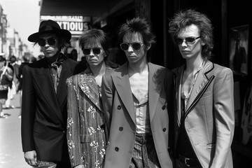 four fashion stylish elegant young male musicians on a street in city in retro style of 1970s. Vintage black and white film scan photo