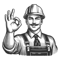 construction worker with a helmet making an okay gesture, safety and approval sketch engraving generative ai fictional character vector illustration. Scratch board imitation. Black and white image.