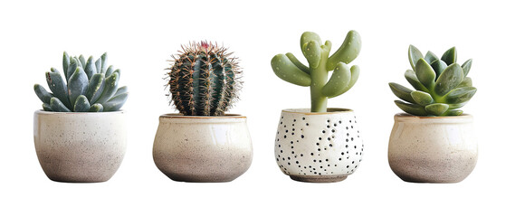 collection Set of 4 different mixed cactus and succulents types of small mini plant in modern ceramic nordic vase pot as furniture cutouts isolated on transparent background - obrazy, fototapety, plakaty
