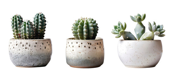 collection Set of 3 different mixed cactus and succulents types of small mini plant in modern ceramic nordic vase pot as furniture cutouts isolated on transparent background - obrazy, fototapety, plakaty