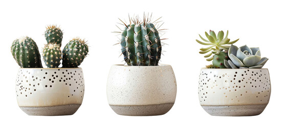 collection Set of 3 different mixed cactus and succulents types of small mini plant in modern ceramic nordic vase pot as furniture cutouts isolated on transparent background
